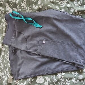 Figs Gray Pants with Teal Drawstring